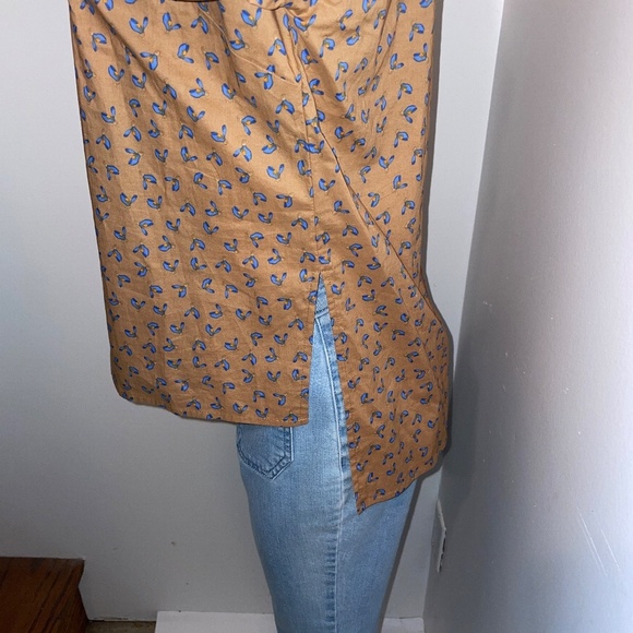 JUST Female long sleeve button down tunic organic cotton tan blue floral small - Picture 3 of 9